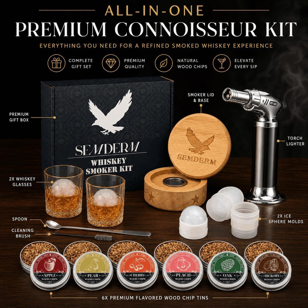 Bourbon Whiskey Smoker Kit with Torch - Old Fashioned Cocktail Smoker Kit with 2 Whiskey Glasses, 6 Wood Chips - Valentines Anniversary Birthday Gifts for Men Dad Husband Boyfriend (No Butane)