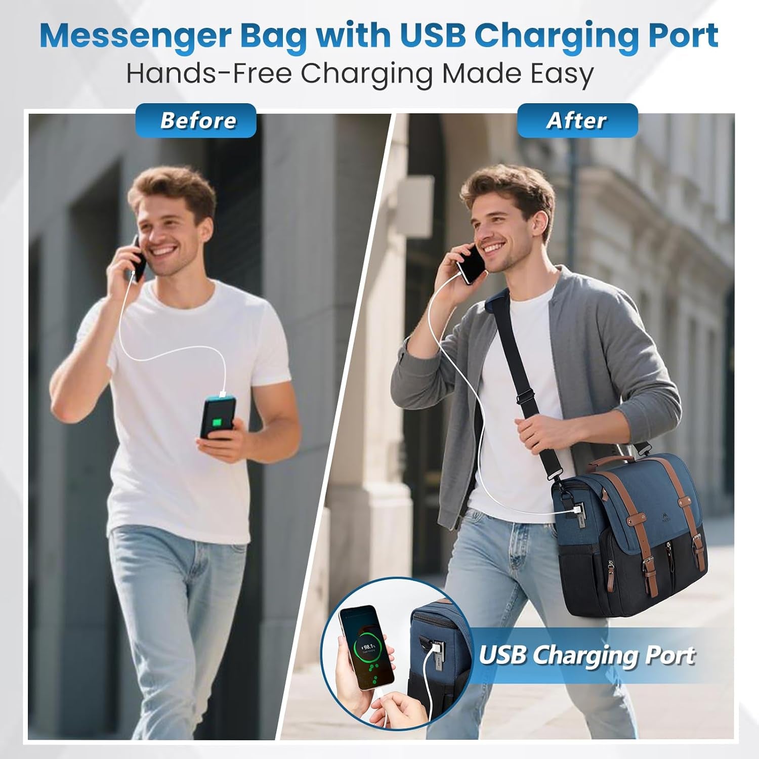 Messenger Bag for School, 15.6 Inch Mens Crossbody Satchel for Work