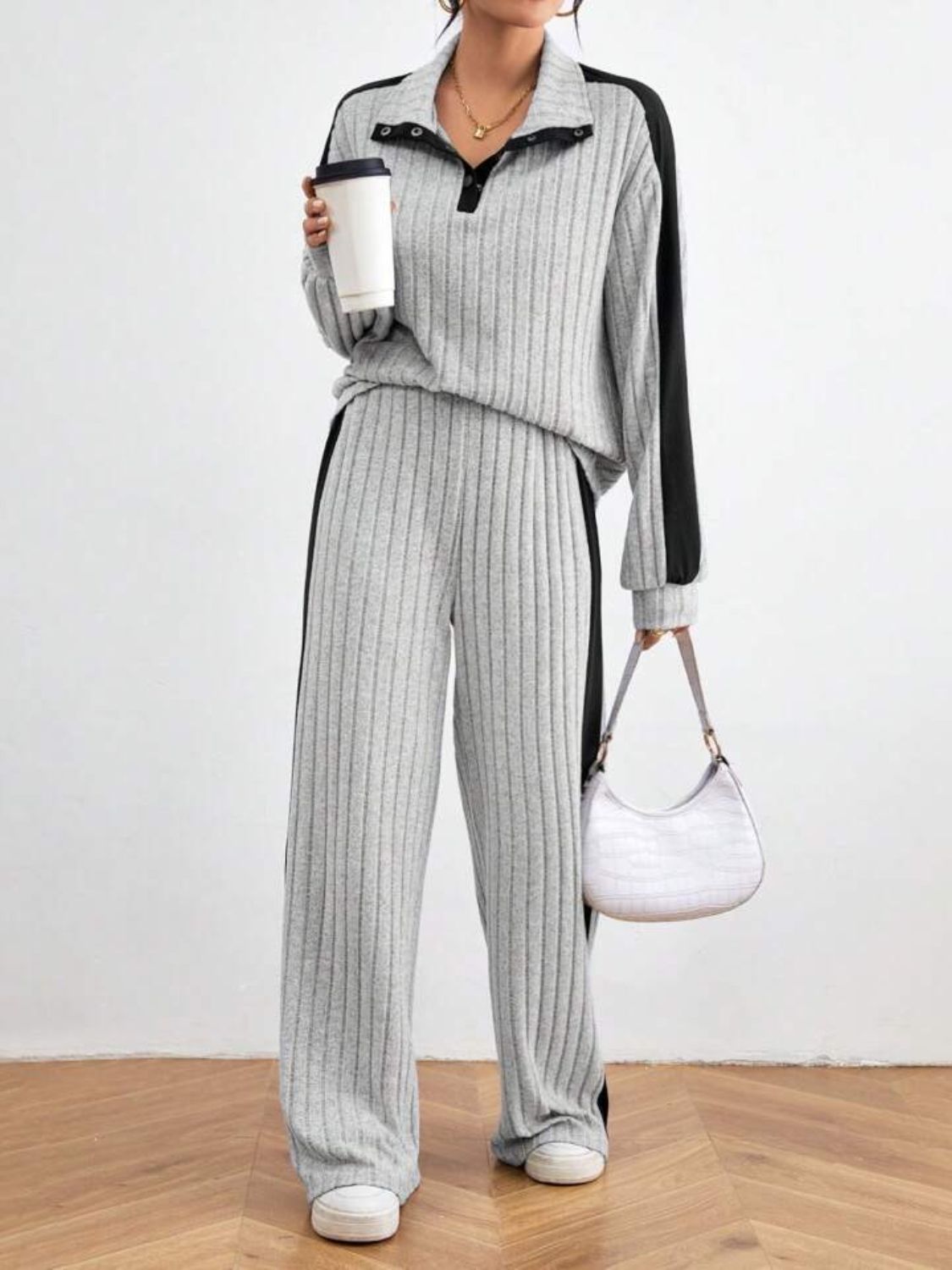 Contrast Collared Neck Long Sleeve Top and Pants Set Trendsi