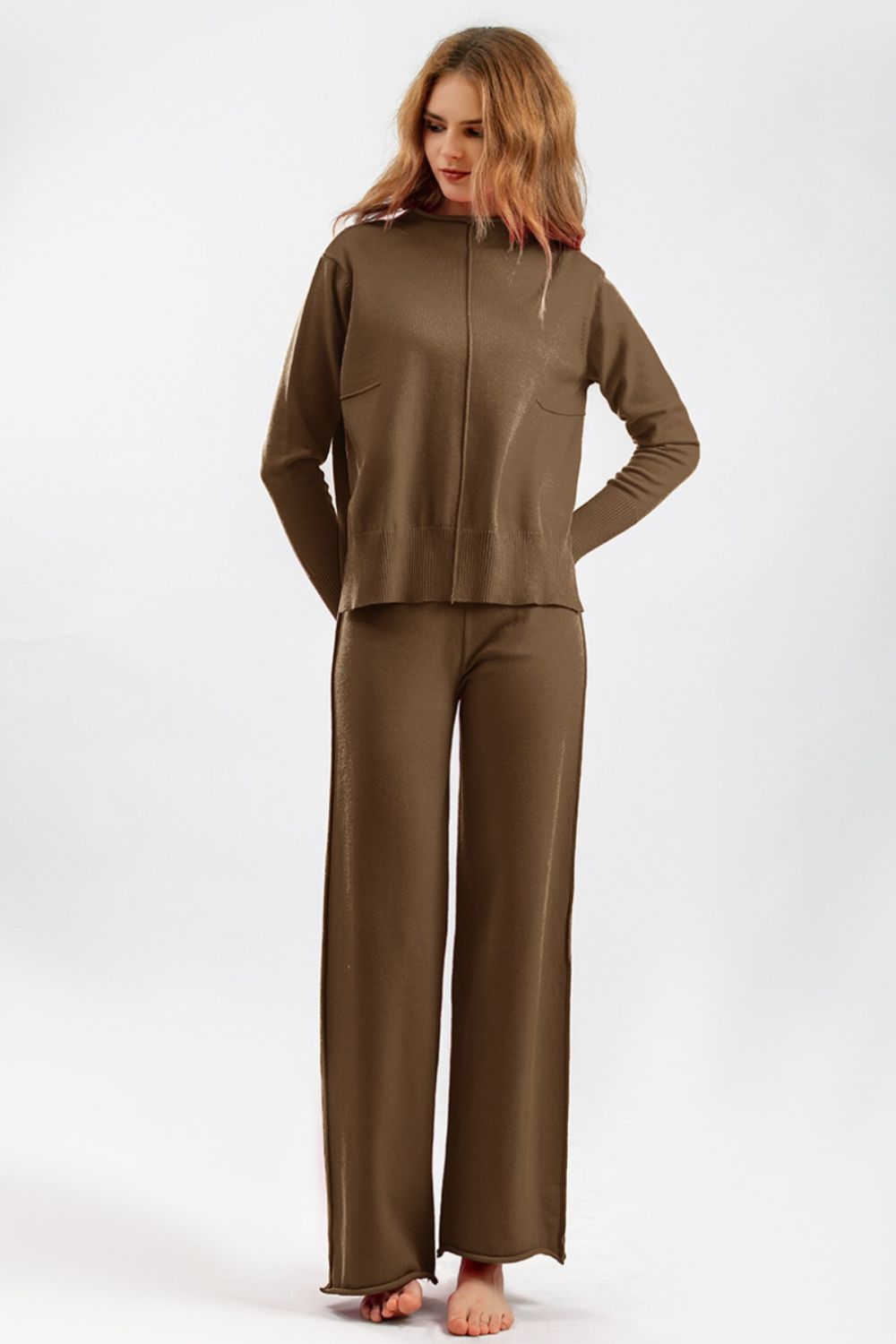 Basic Bae Mock Neck Long Sleeve Top and Pants Sweater Set Trendsi