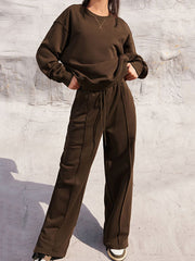 Round Neck Long Sleeve Top and Elastic Waist Pants Set Trendsi