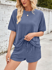 Lovelet Round Neck Half Sleeve Top and Drawstring Shorts Set Trendsi