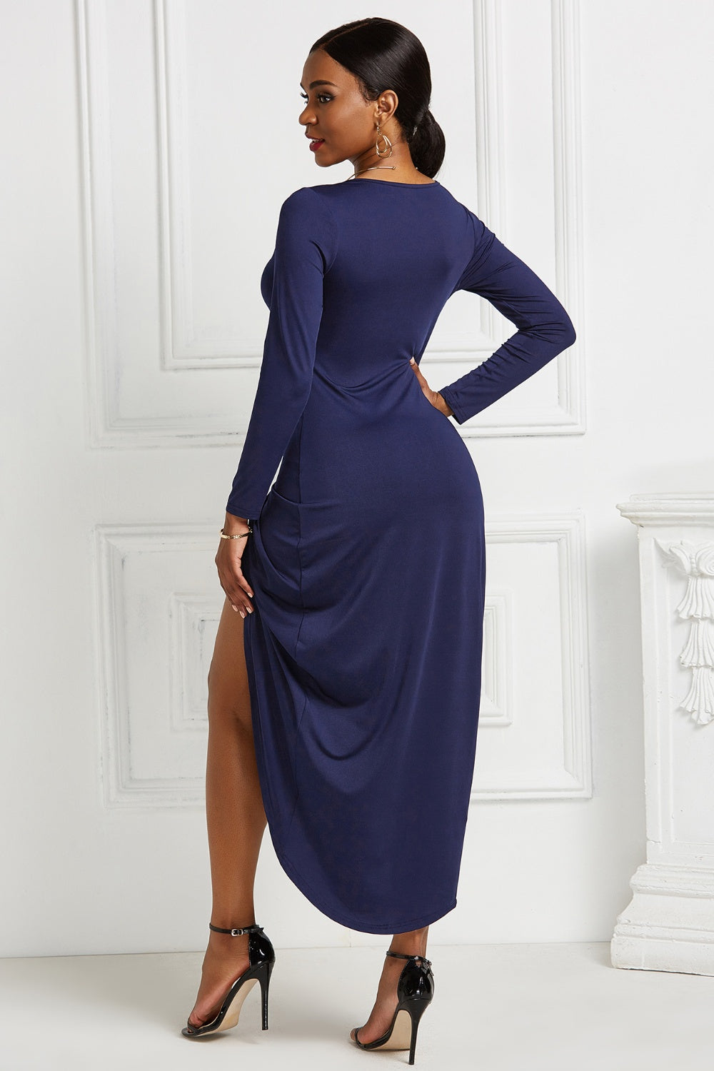 High-low Ruched Surplice Long Sleeve Dress Trendsi