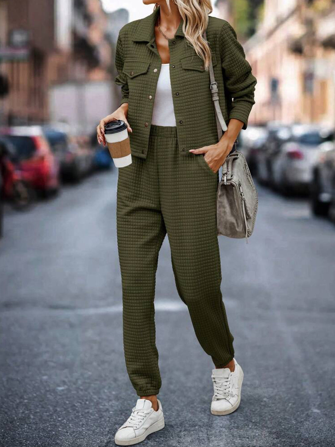 Plaid Texture Snap Down Top and Pants Set Trendsi