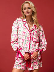 Tied Printed Collared Neck Long Sleeve Top and Shorts Set Trendsi