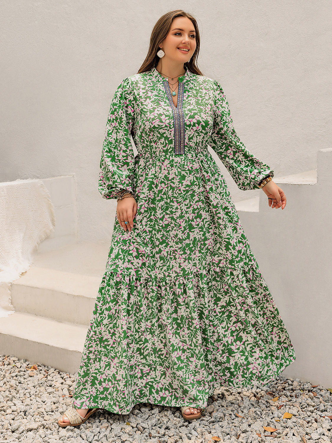 Plus Size Printed Notched Long Sleeve Maxi Dress Trendsi