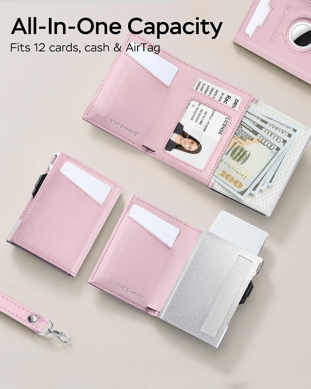 RFID Wallet for Women with Airtag Holder, Pop up Card Holder, Slim Trifold