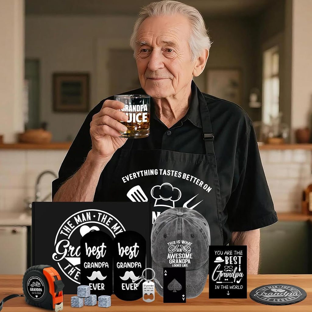 14 Pcs Grandpa Gifts, Best Granddad Ever Gift with 11 Oz Grandpa Juice Whiskey Glass 4 Whiskey Stones Coaster Apron Hat Sock Tape Measure Keychain, Birthday Father'S Day Christmas Gift for Grandfather