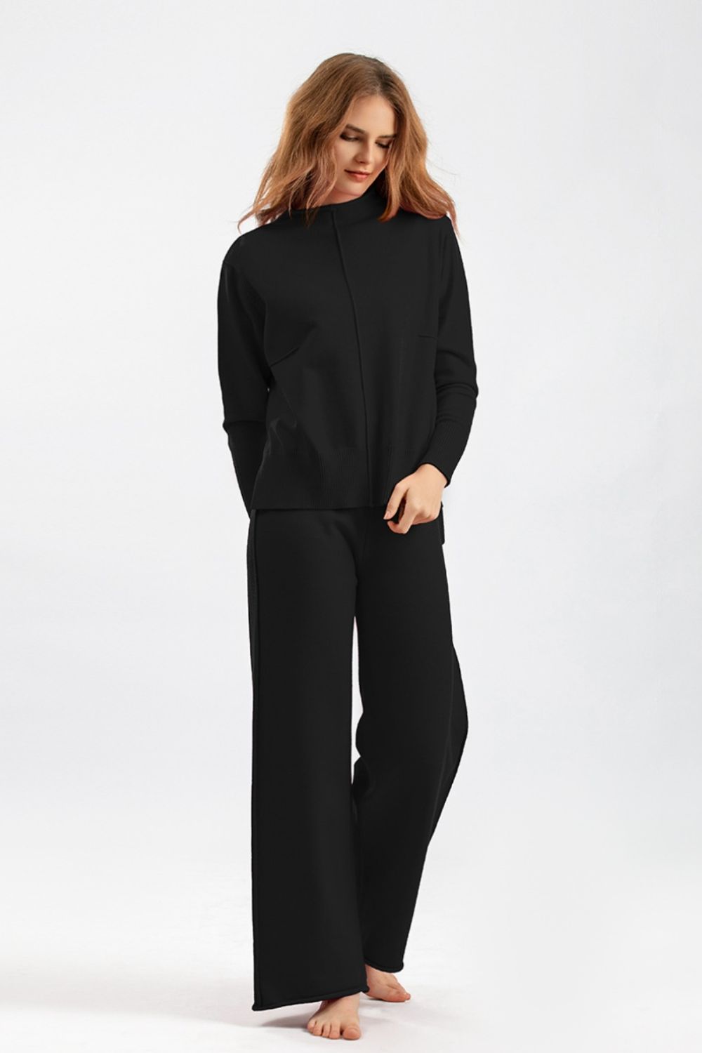 Basic Bae Mock Neck Long Sleeve Top and Pants Sweater Set Trendsi