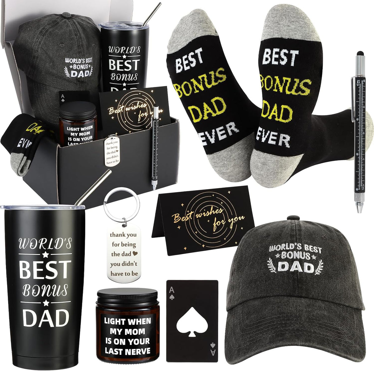 9 Pieces Bonus Dad Gift Set Best Bonus Dad Ever Gifts for Men with Tumbler Mens Socks Mens Baseball Cap Key Chain Card for Father Uncle for Christmas, Birthday