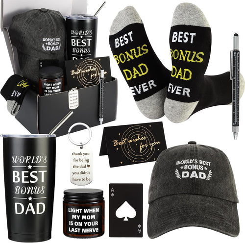 9 Pieces Bonus Dad Gift Set Best Bonus Dad Ever Gifts for Men with Tumbler Mens Socks Mens Baseball Cap Key Chain Card for Father Uncle for Christmas, Birthday