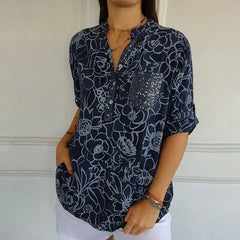 Breezy Floral V-Neck Top | Lightweight Polyester Blouse With Roll-Tab Sleeves