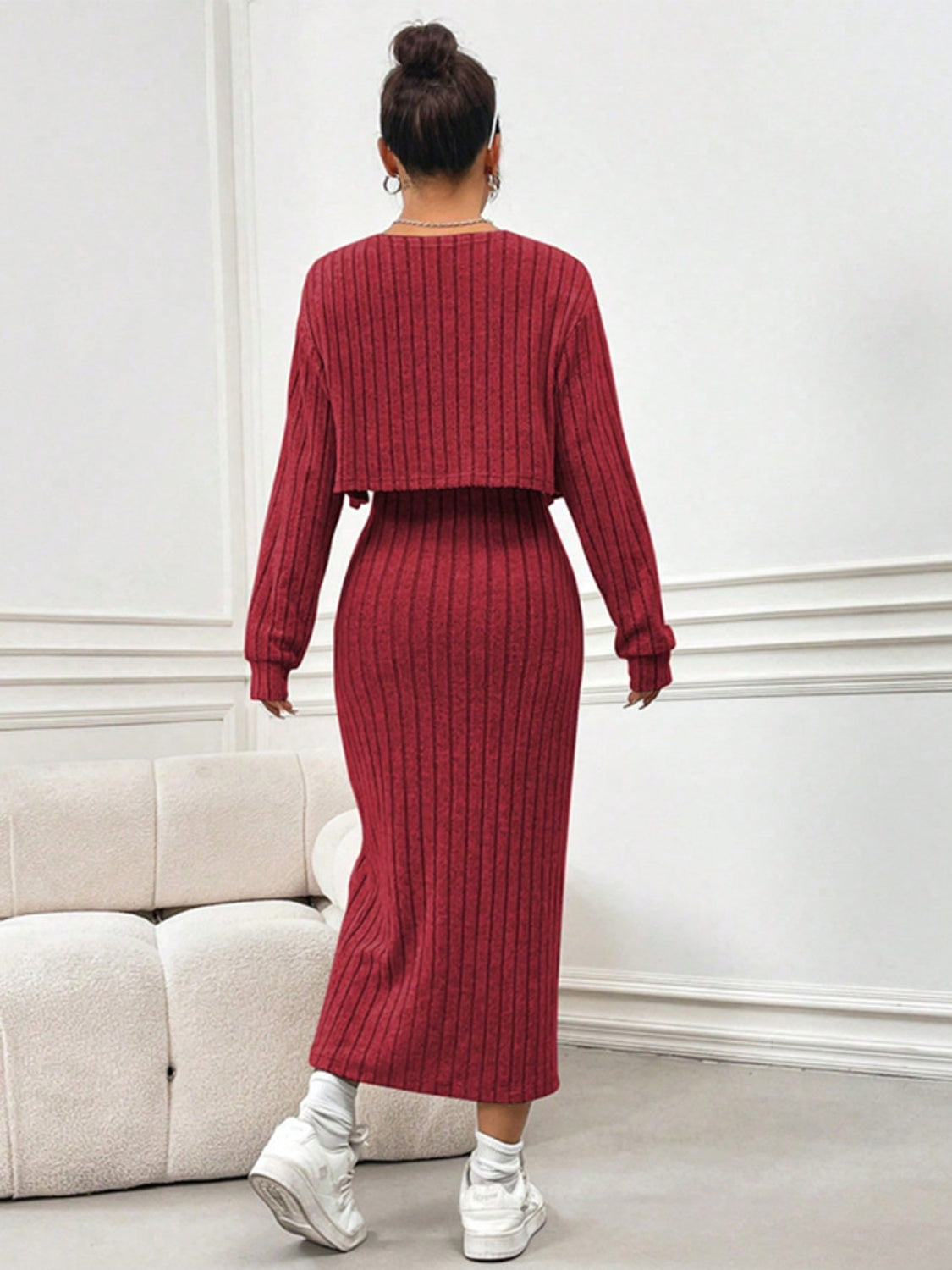 Ribbed Long Sleeve Cropped Cardigan and Slit Cami Dress Set Trendsi