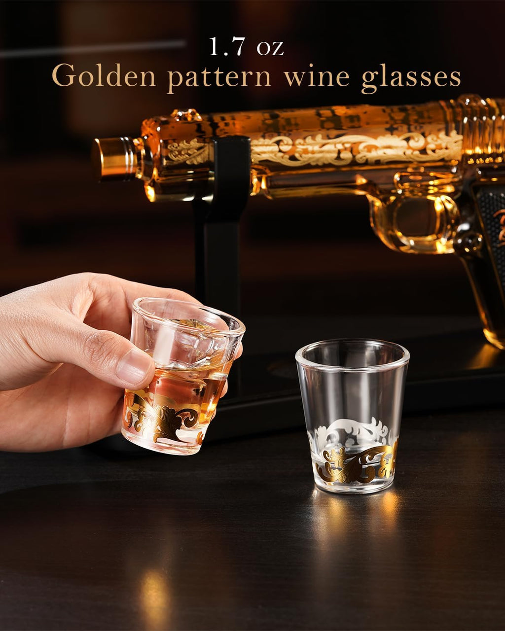 Handcrafted Gun Whiskey Decanter Set -Luxury Lead-Free Glass, Unique Non-Alcoholic Gift for Men, Husbands &Bourbon Lovers, Man Cave & Home Bar Decor with 2 Glasses by
