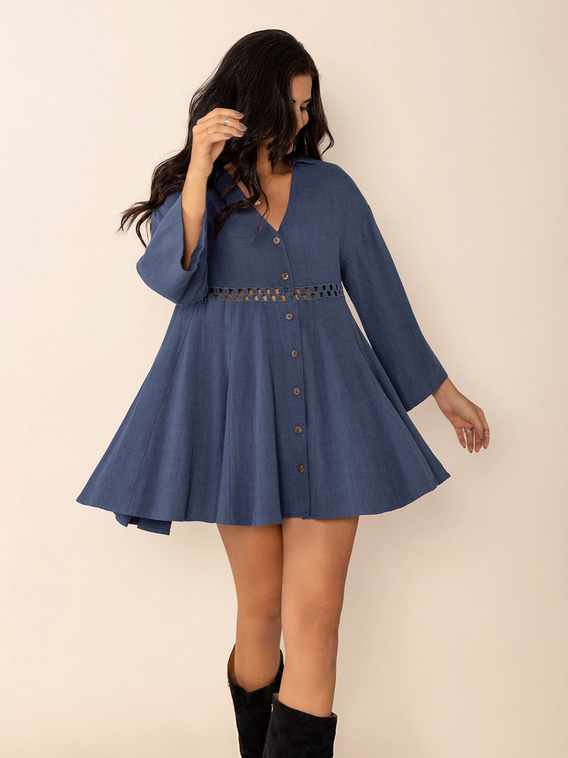 Cutout Johnny Collar Long Sleeve Mini Dress Trendsi