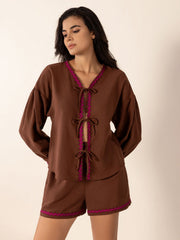 Tied V-Neck Long Sleeve Top and Shorts Set Trendsi