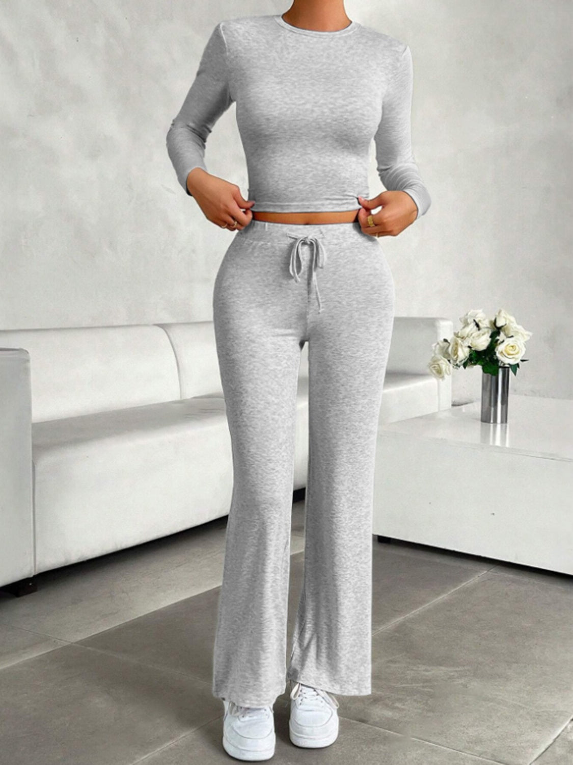 Round Neck Long Sleeve Top and Drawstring Pants Set Trendsi