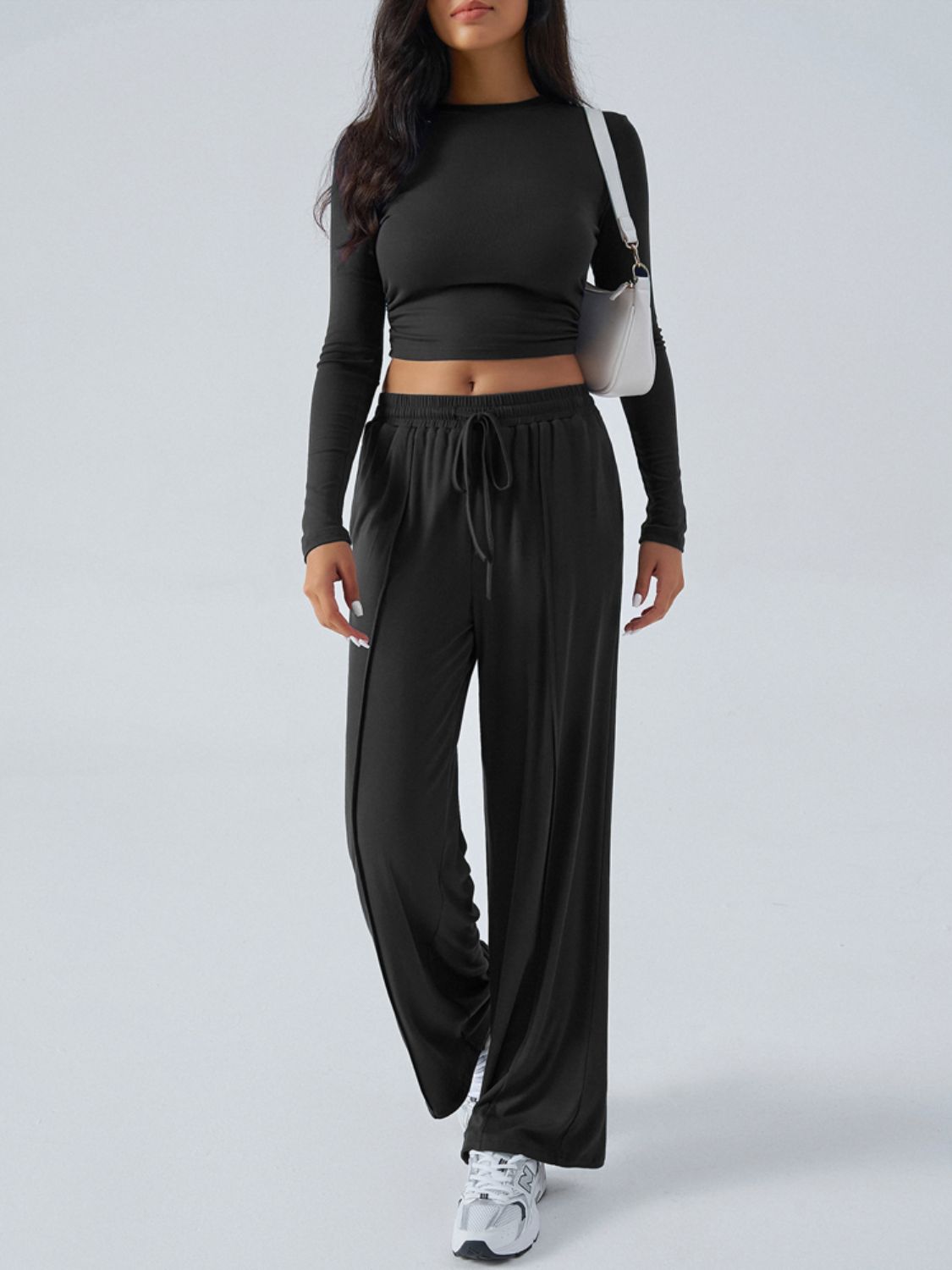 Devine Round Neck Long Sleeve Top and Pants Set Trendsi