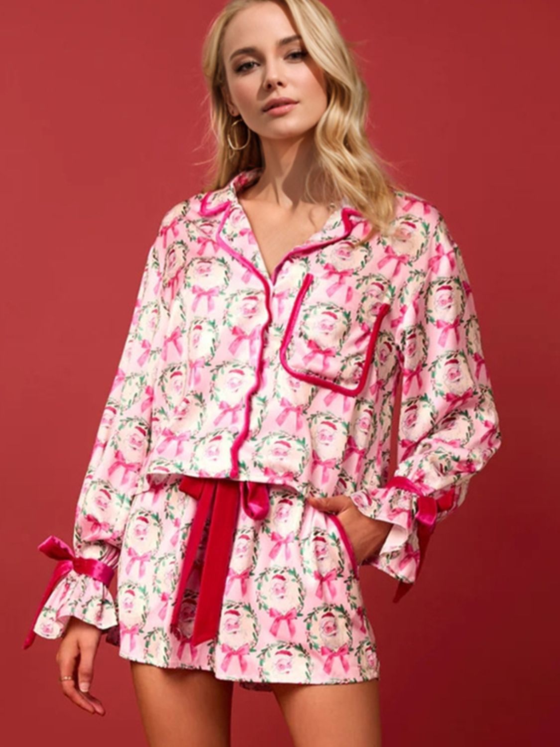 Tied Printed Collared Neck Long Sleeve Top and Shorts Set Trendsi