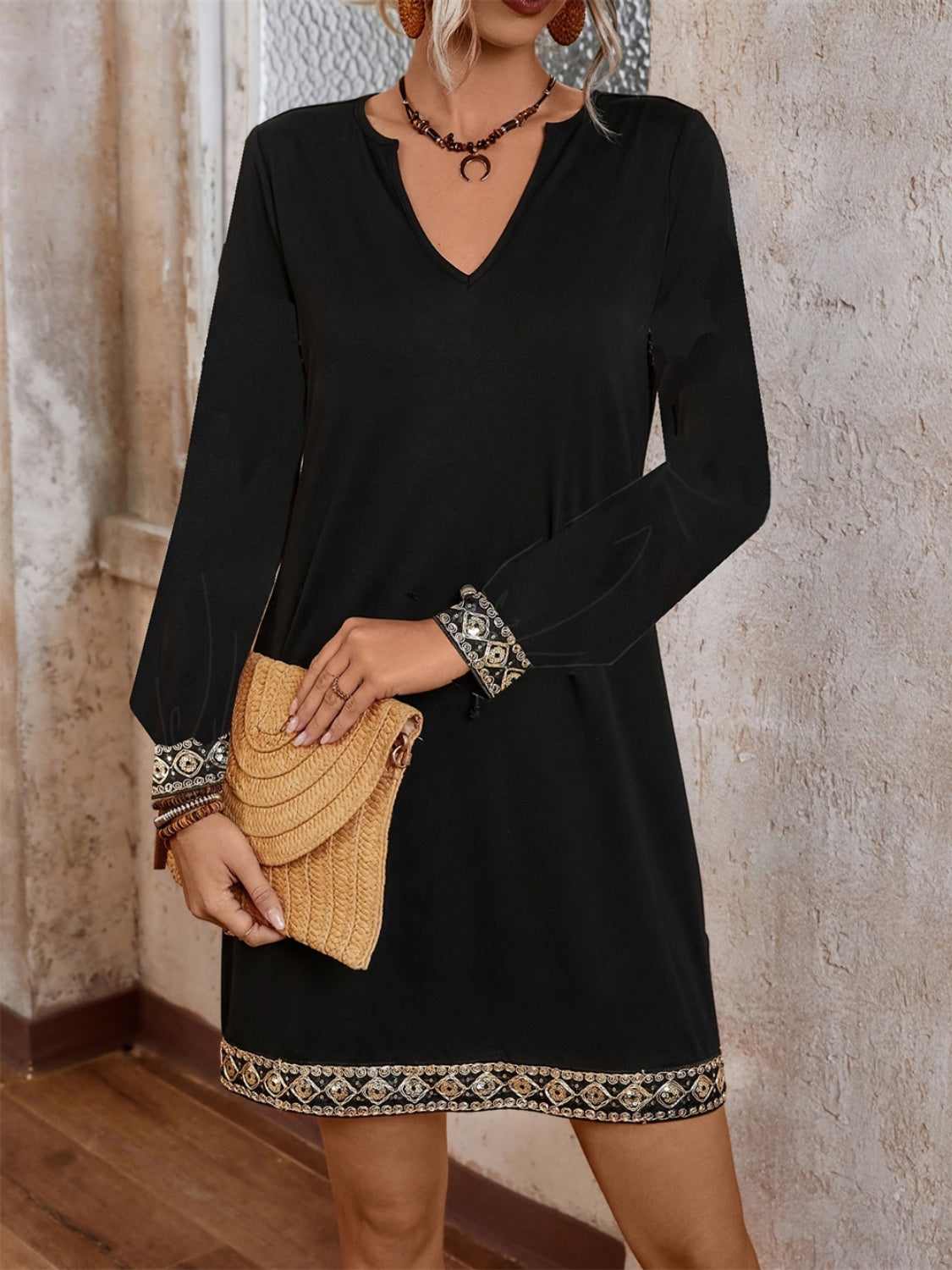 Embroidered Notched Long Sleeve Mini Dress Trendsi