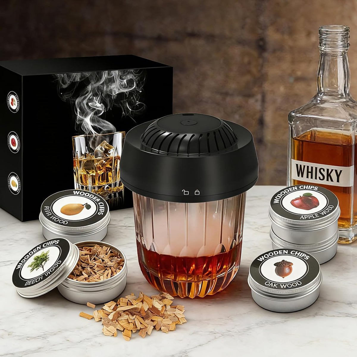 Electric Whiskey Smoker Kit, No Butane Needed, Electric Cocktail Smoker Infuser Kit with 6 Wood Chips Flavors, Birthday Gifts for Men, Dad, Husband