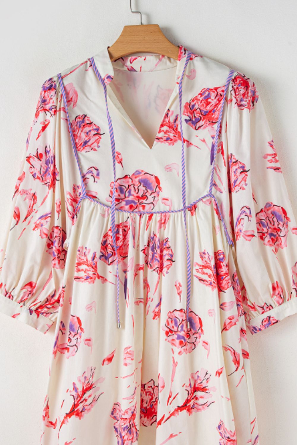 Tied Flower Printed Three-Quarter Sleeve Dress Trendsi