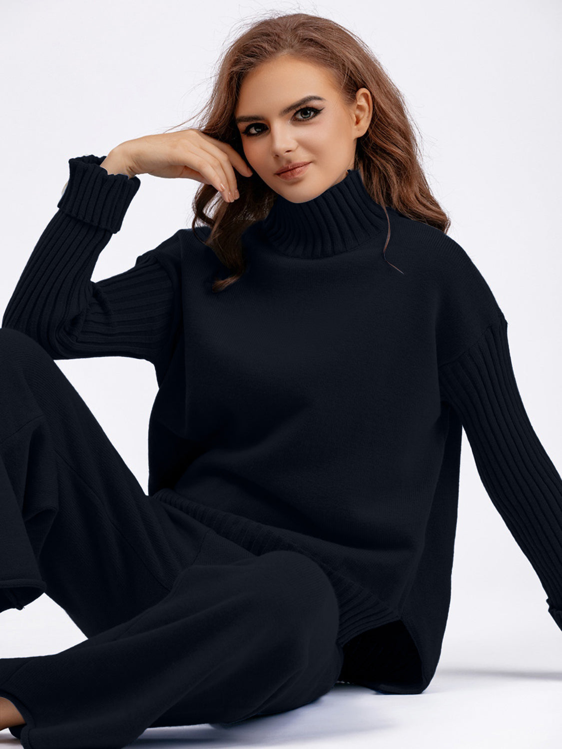 Basic Bae High- Low Turtleneck Long Sleeve Top and Pants Sweater Set Trendsi