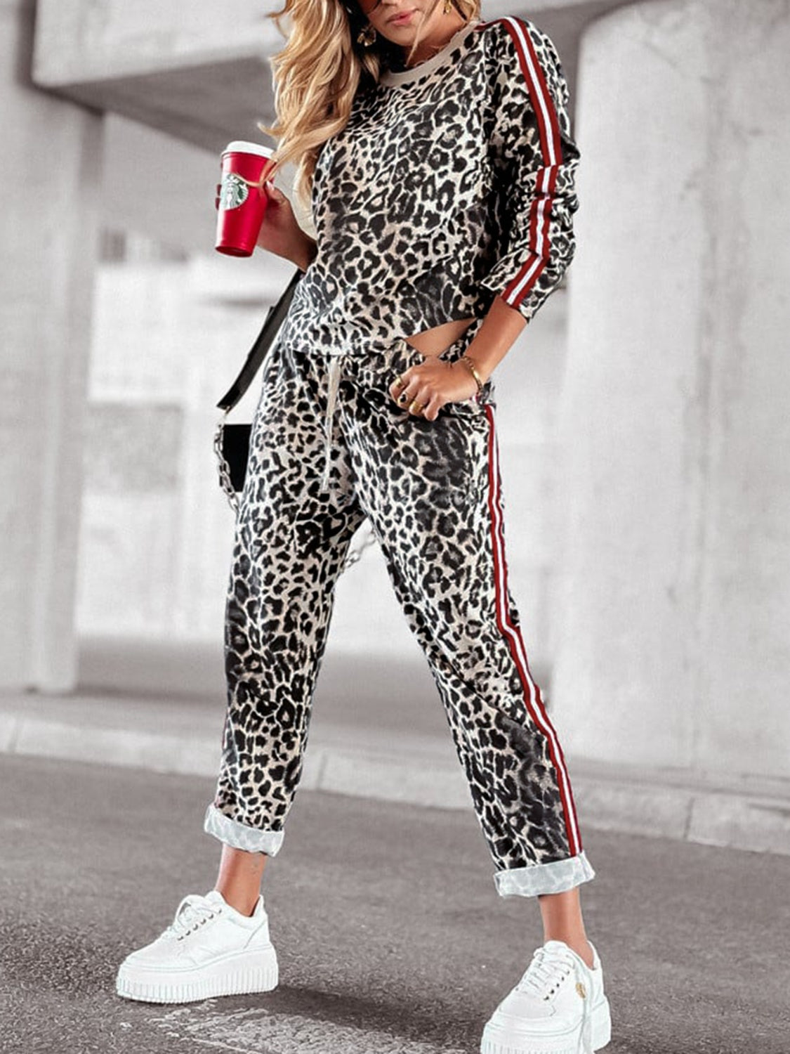 Leopard Round Neck Long Sleeve Top and Pants Set Trendsi