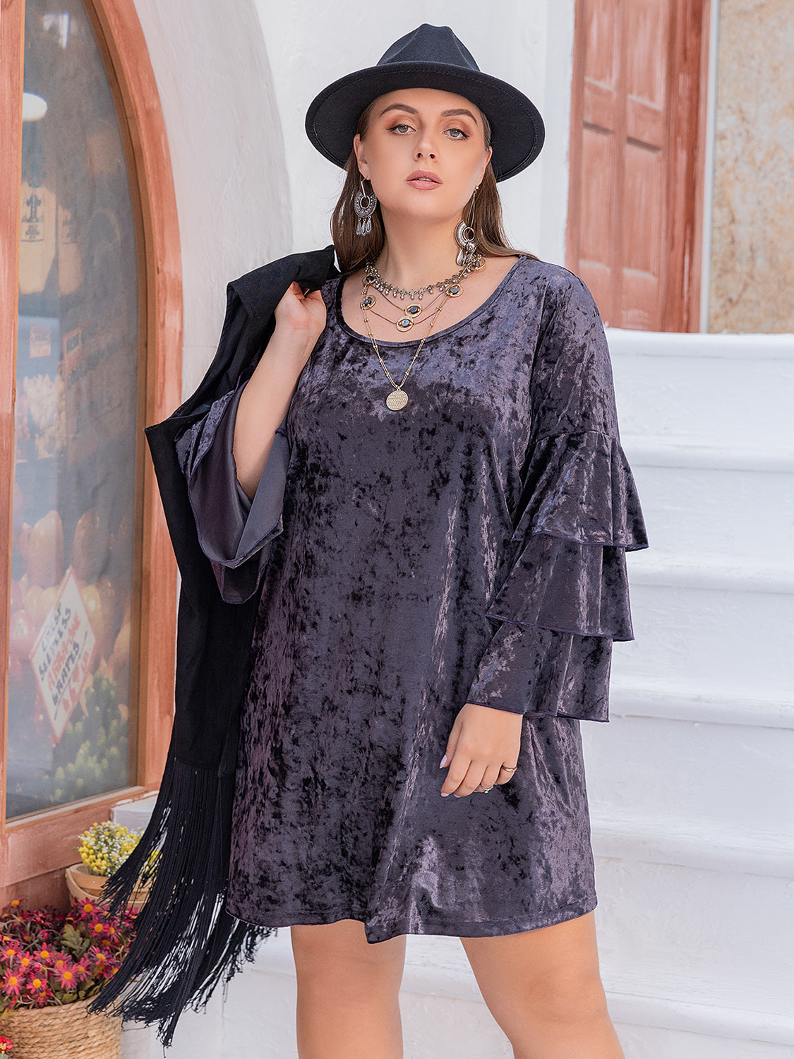 Plus Size Round Neck Flounce Sleeve Mini Dress Trendsi