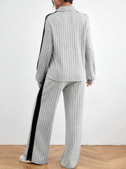 Contrast Collared Neck Long Sleeve Top and Pants Set Trendsi