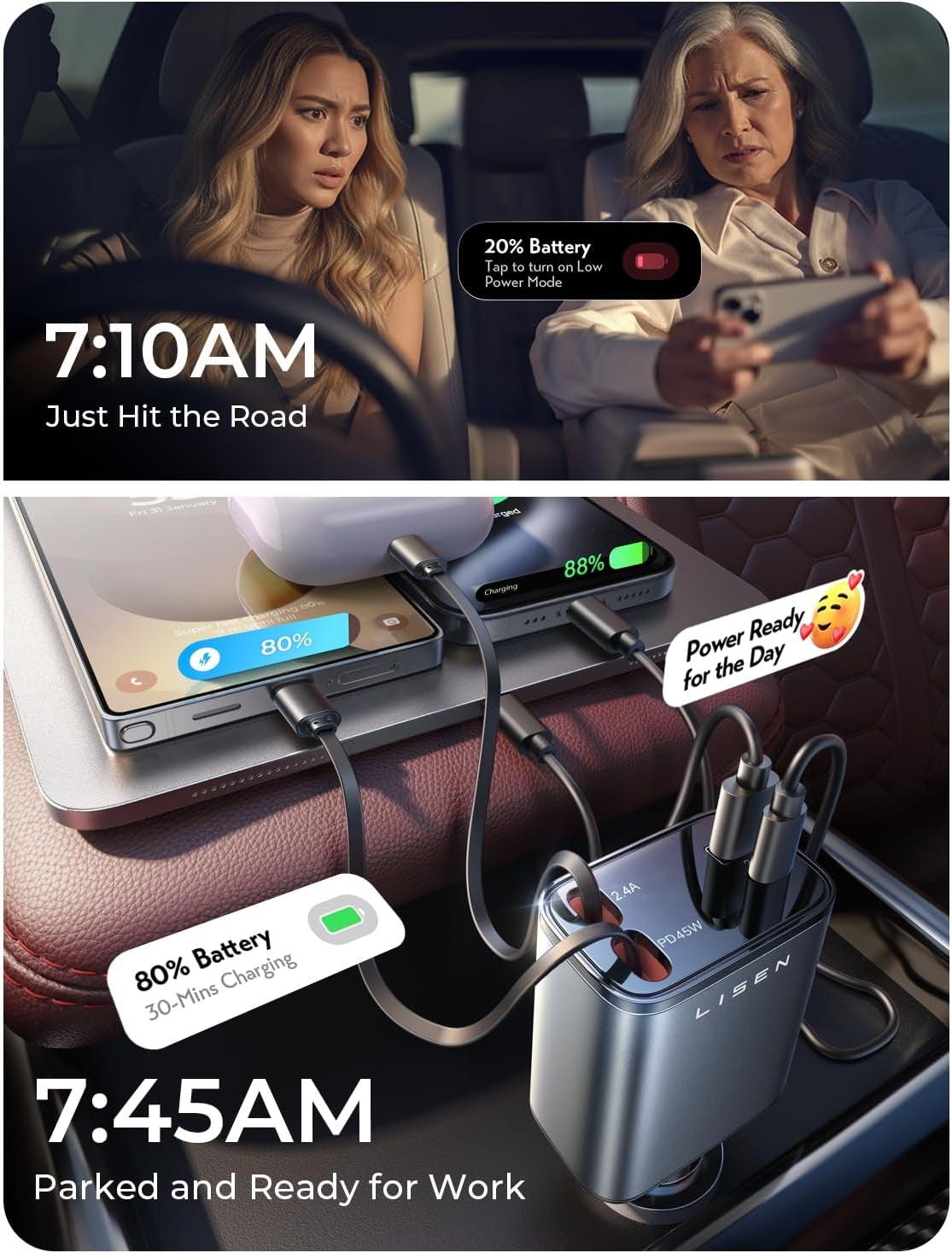 Retractable Car Charger, 84W Car Charger USB C Fast Charge, 4 in 1
