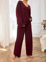 V-Neck Long Sleeve Top and Wide Leg Pants Set Trendsi