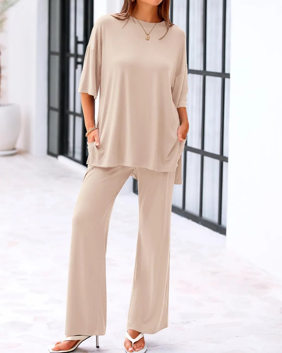 Comfort Two-Piece Lounge Set | Crew-Neck Top & Wide-Leg Pocket Pants