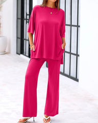 Comfort Two-Piece Lounge Set | Crew-Neck Top & Wide-Leg Pocket Pants