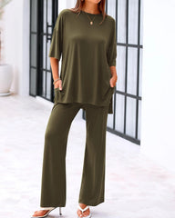 Comfort Two-Piece Lounge Set | Crew-Neck Top & Wide-Leg Pocket Pants