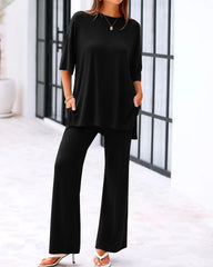 Comfort Two-Piece Lounge Set | Crew-Neck Top & Wide-Leg Pocket Pants