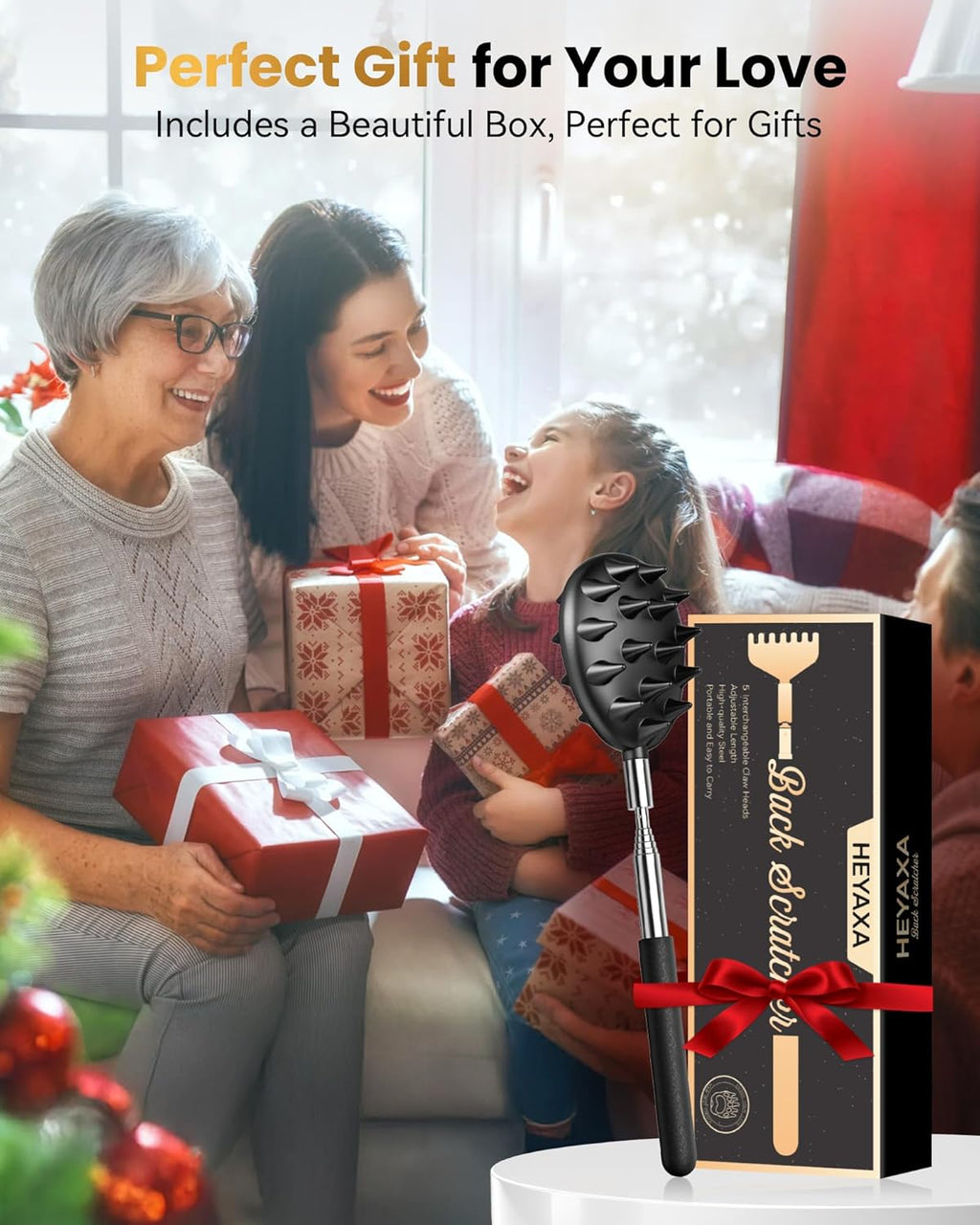 Telescopic Back Scratcher with 5 Detachable Heads, Gifts for Men, Black10-34 Stainless Steel Pole, Rubber Grip, Portable Carry Pouch, Birthday Gifts for Men,Women, Dad and Adults