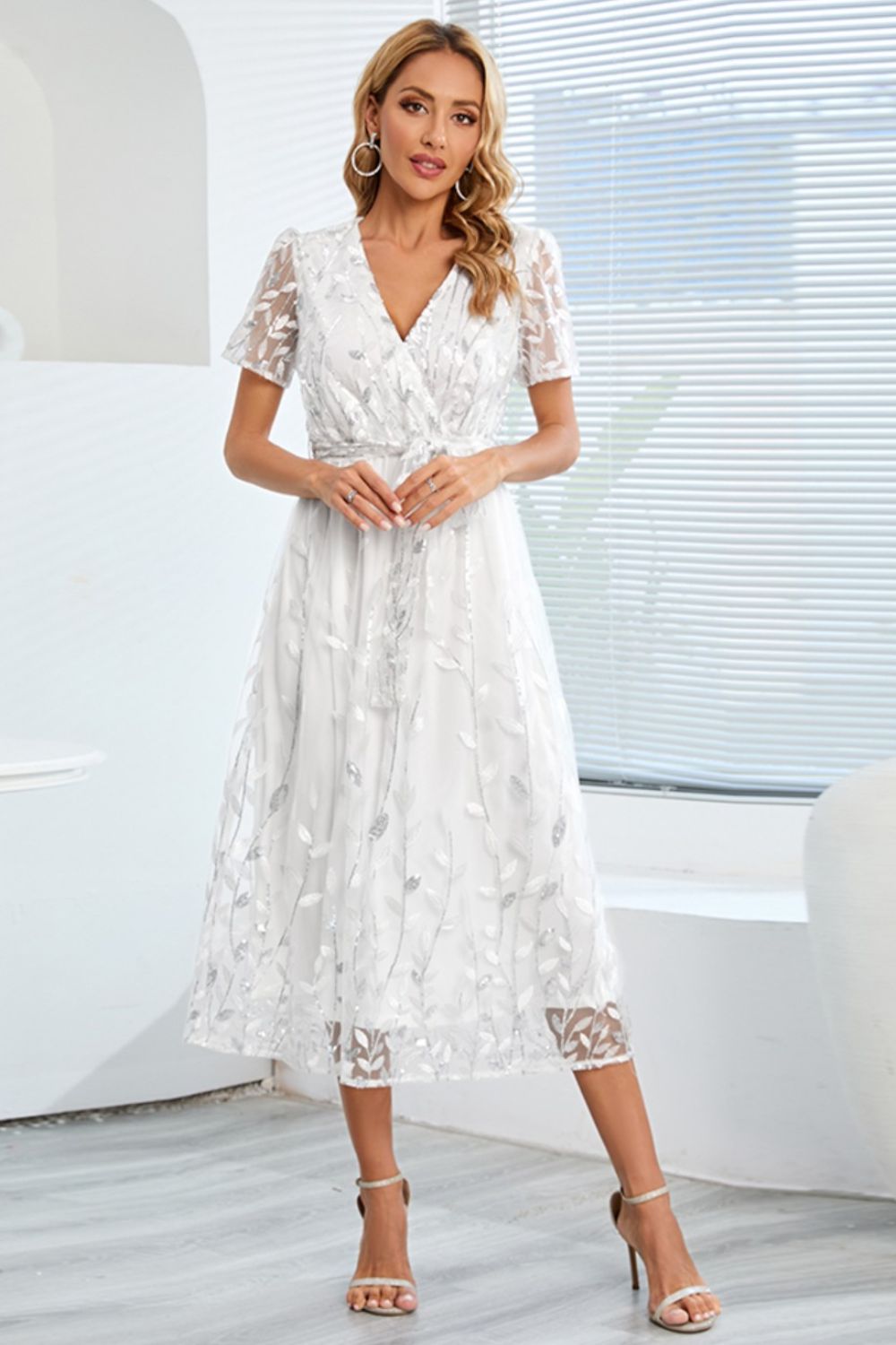 Sequin Leaf Embroidery Tie Front Short Sleeve Dress Trendsi