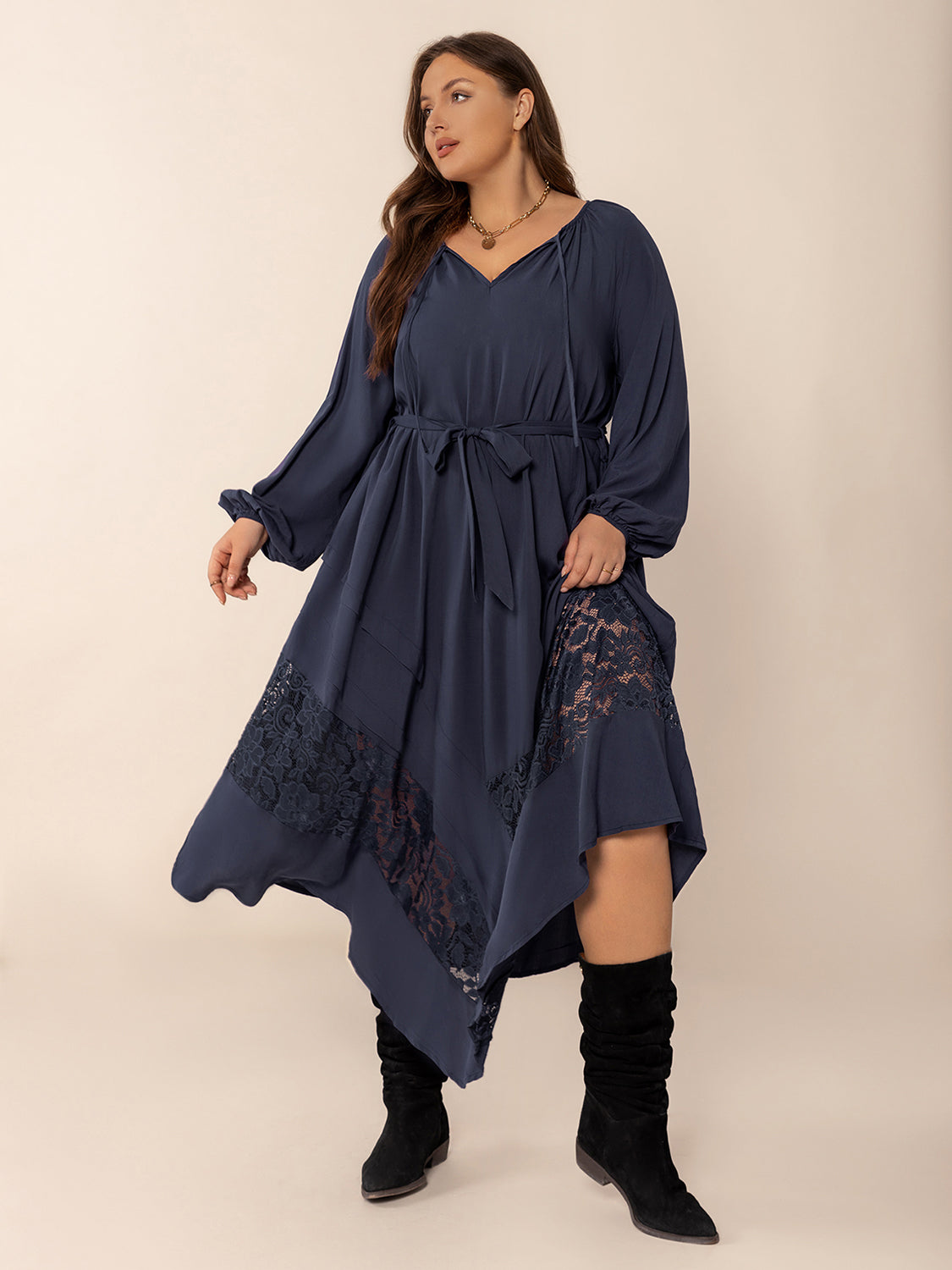 Plus Size Lace Detail Tie Neck Long Sleeve Midi Dress Trendsi