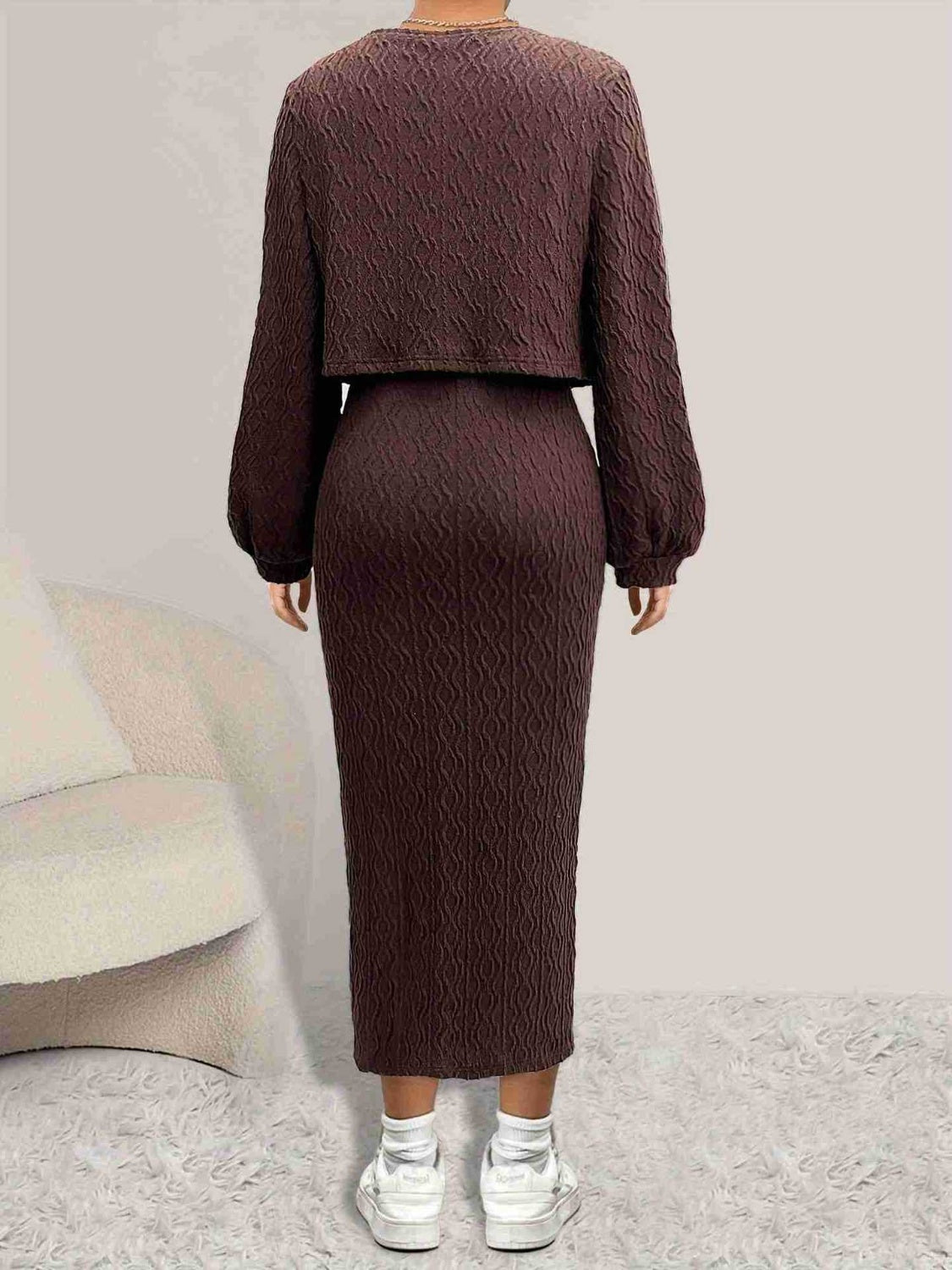 Open Front Long Sleeve Cardigan and Side Slit Cami Dress Set Trendsi