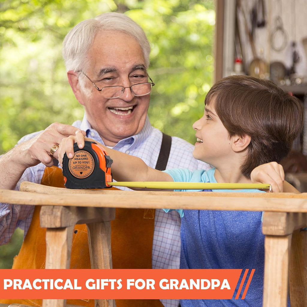 Grandpa Birthday Gifts from Grandkids, Christmas Grandpa Grandfather Papa Gifts from Granddaughter Grandson, Granddad Grandparents Day Gift Genuine Leather Engraved 25 FT Tape Measure Tools Present