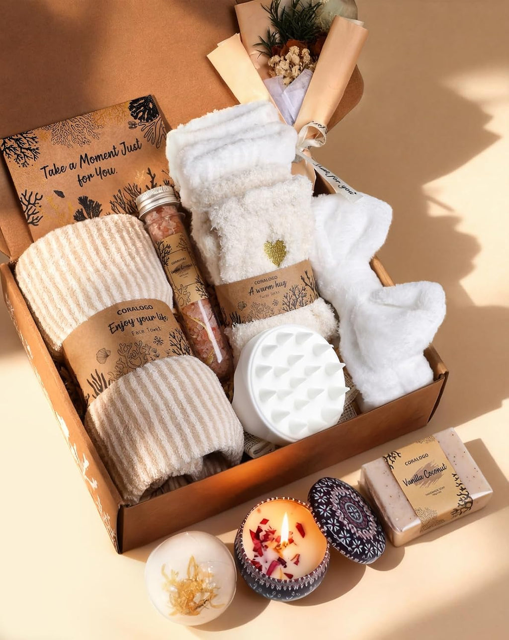 11Pcs Natural Pampering Spa Gift Baskets for Women, Coconut
