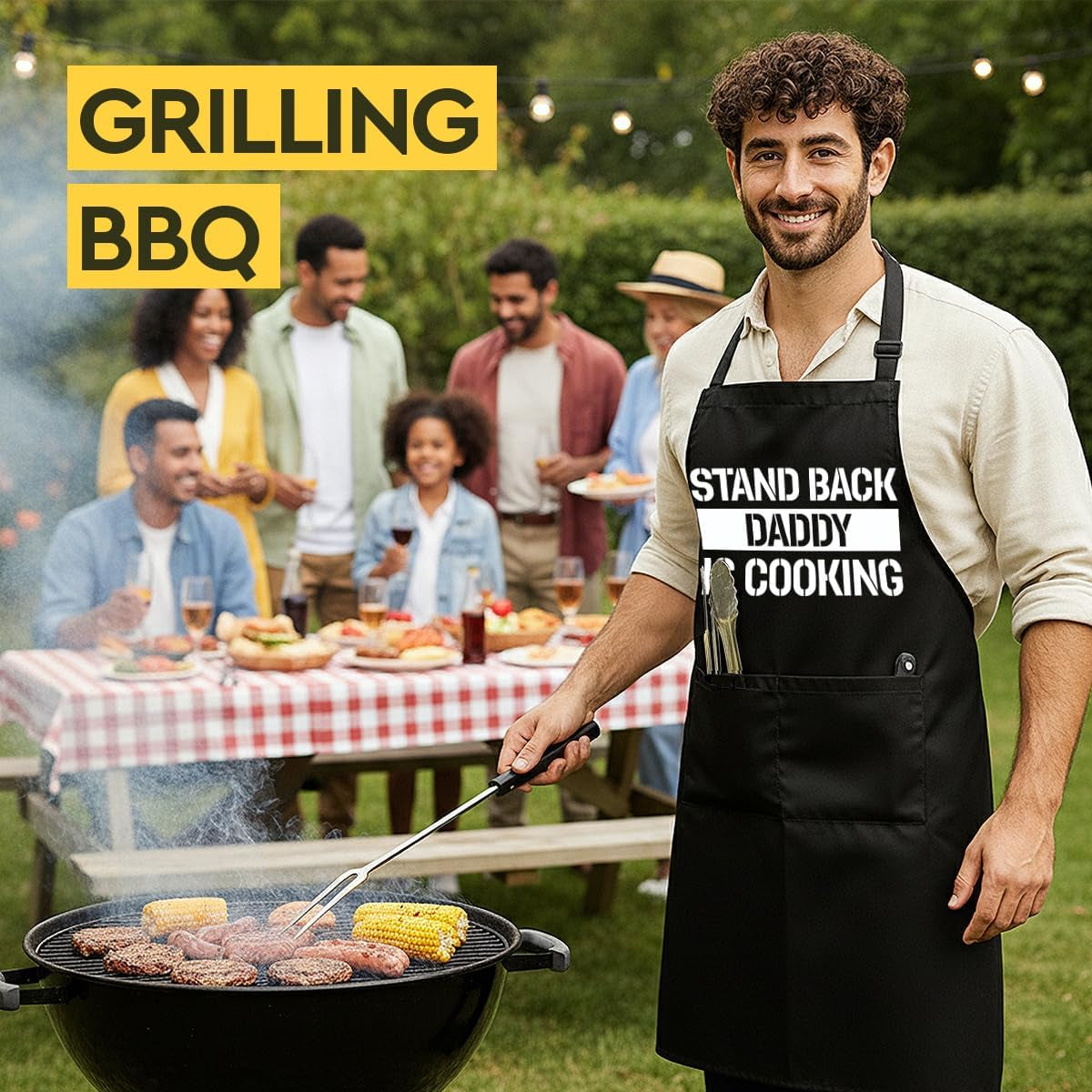 Funny Black Grill Apron with Pockets for Man,Dad,Husband,Father in Law,Chef Daddy Grilling Apron BBQ Cooking Gifts