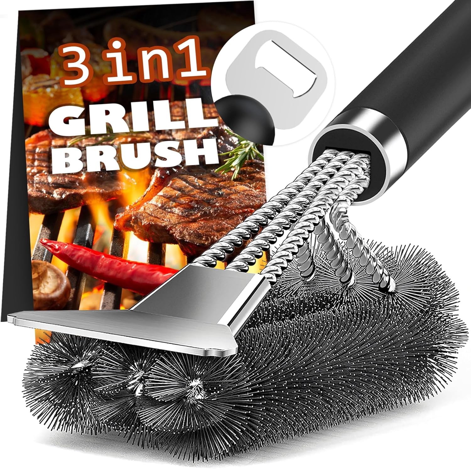 Grill Brush and Scraper-18 Adjustable Handle Safe BBQ Grill Brush for Outdoor Grill-Deep BBQ Clearning Brush Wih Bottle Operner Extra Strong Grill Cleaner Accessories for Gas/Charcoal Grilling Grates