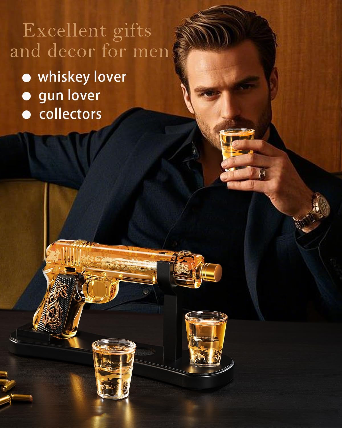 Handcrafted Gun Whiskey Decanter Set -Luxury Lead-Free Glass, Unique Non-Alcoholic Gift for Men, Husbands &Bourbon Lovers, Man Cave & Home Bar Decor with 2 Glasses by