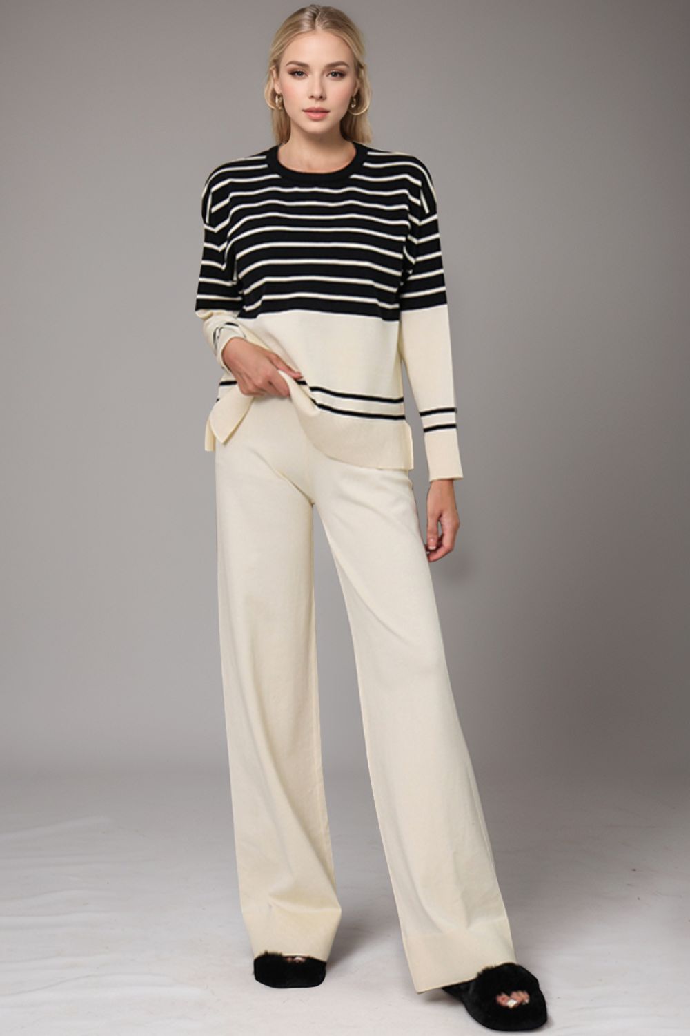 Basic Bae Striped Round Neck Long Sleeve Top and Pants Sweater Set Trendsi