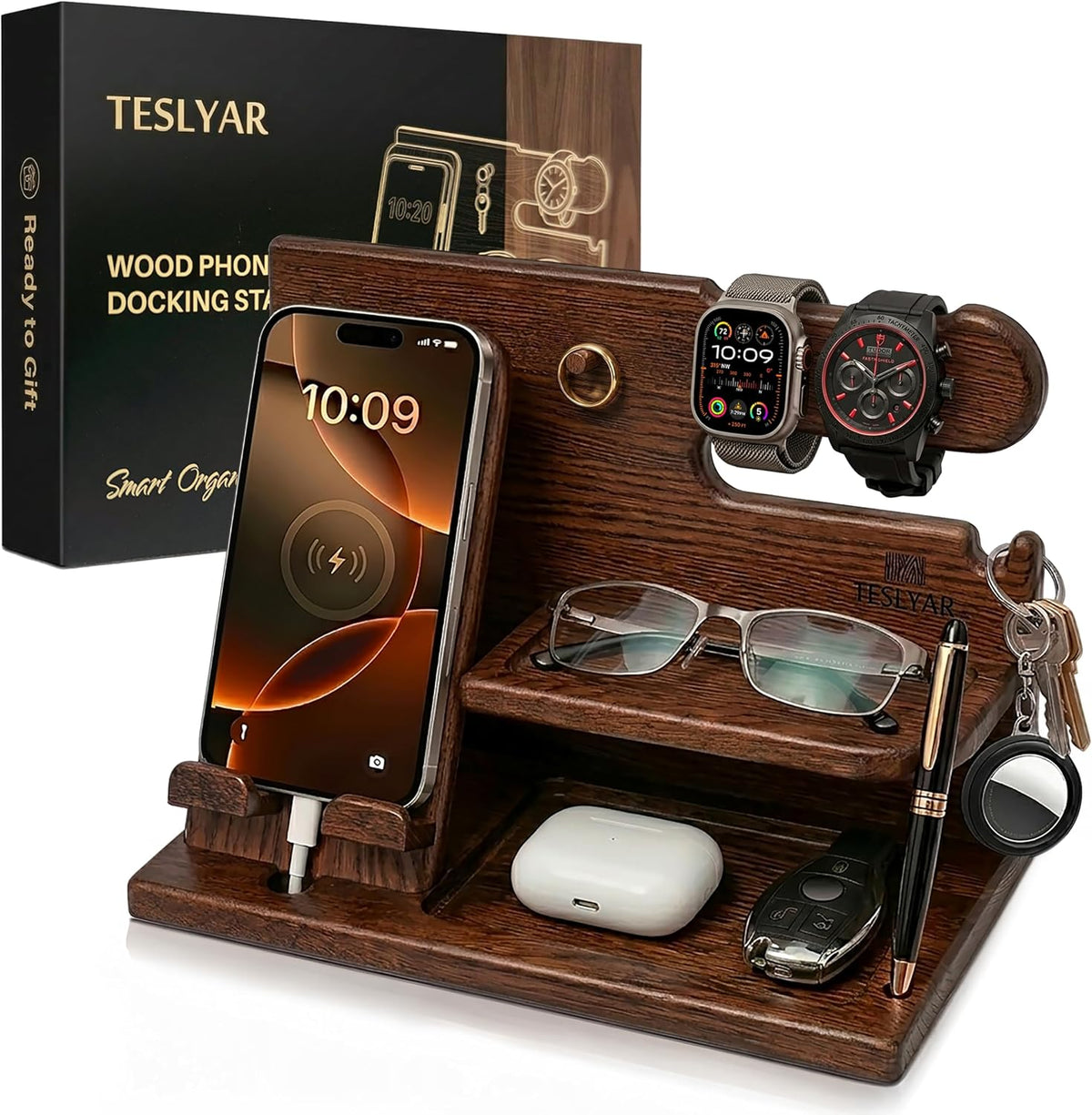 Wood Phone Docking Station for Men - Desk or Nightstand Organizer - Birthday Gifts for Husband, Dad - Anniversary Idea from Wife - Key Holder, Stand Wallet, Watch & Essentials (Bourbon Brown)