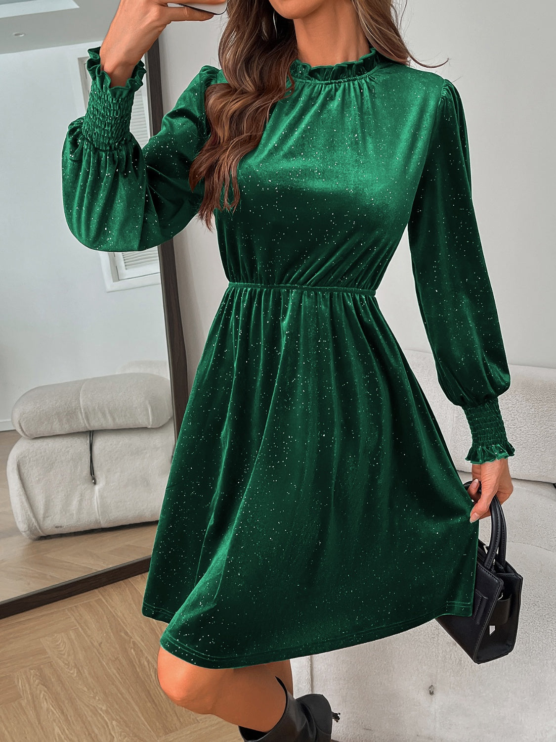 Glitter Mock Neck Long Sleeve Mini Dress Trendsi