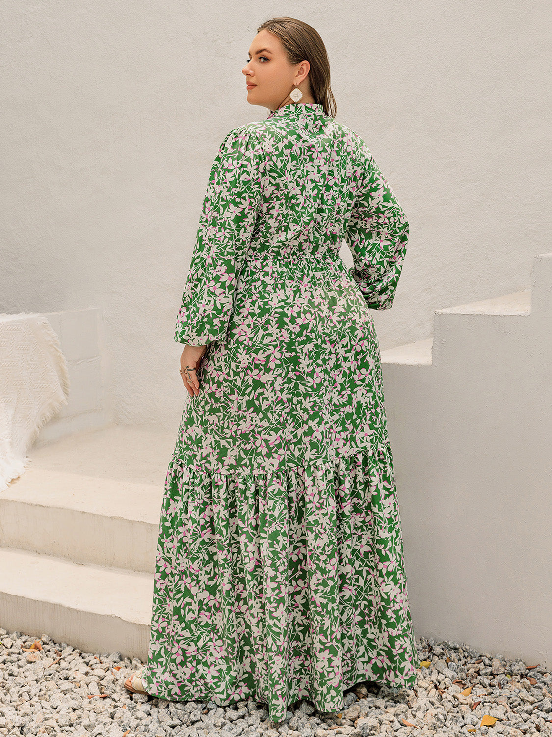 Plus Size Printed Notched Long Sleeve Maxi Dress Trendsi