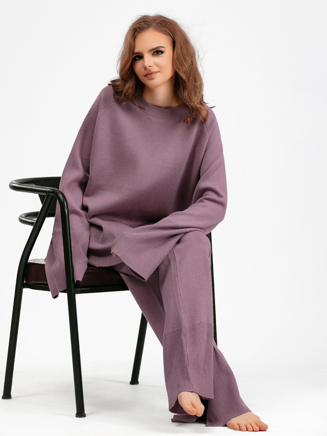 Basic Bae Slit Round Neck Long Sleeve Top and Drawstring Pants Sweater Set Trendsi